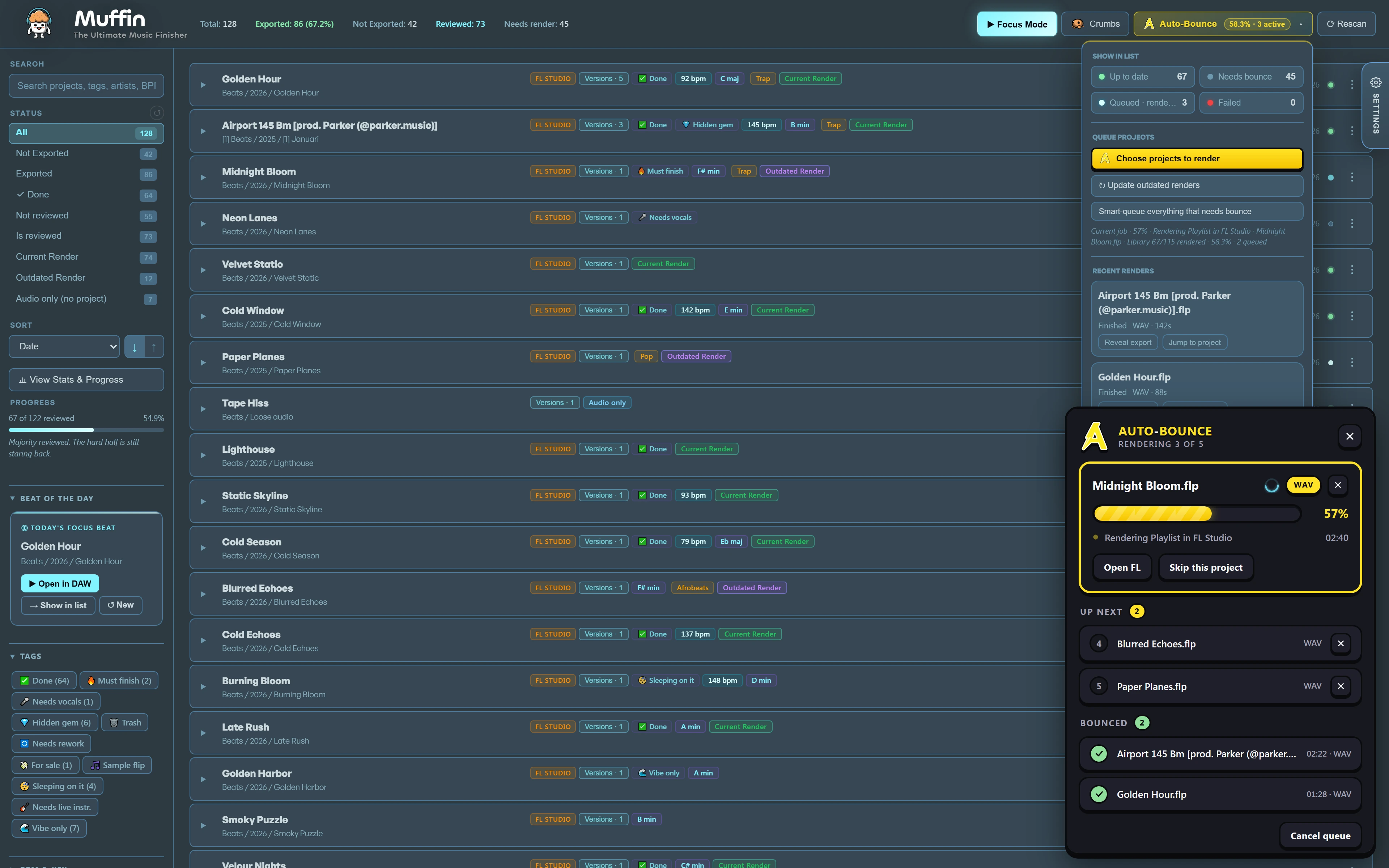 Muffin Auto-Bounce: batch rendering FL Studio projects to WAV, with the render queue open and a progress bar on the project being exported
