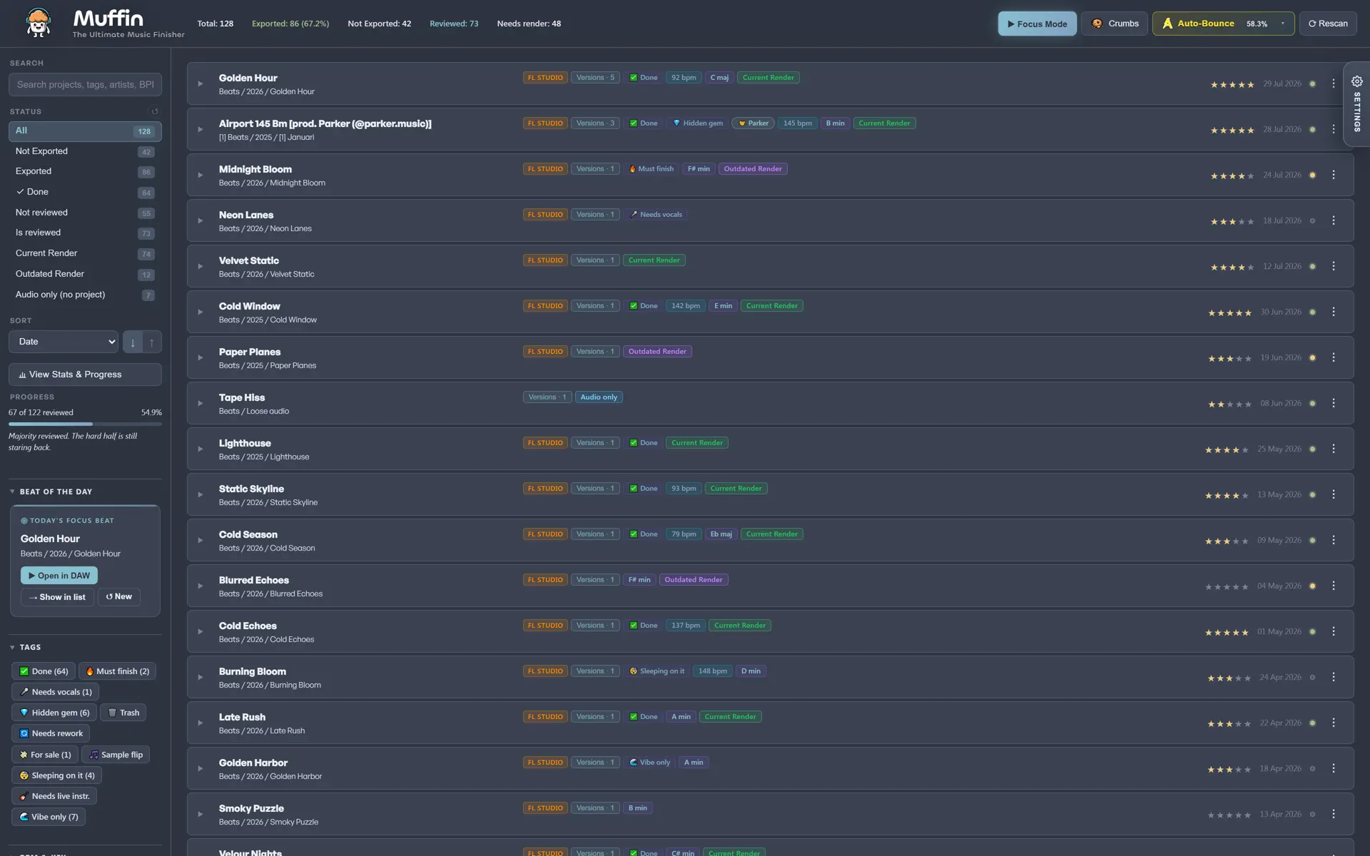 Muffin beat library organizer: every music project rated, tagged and render-checked