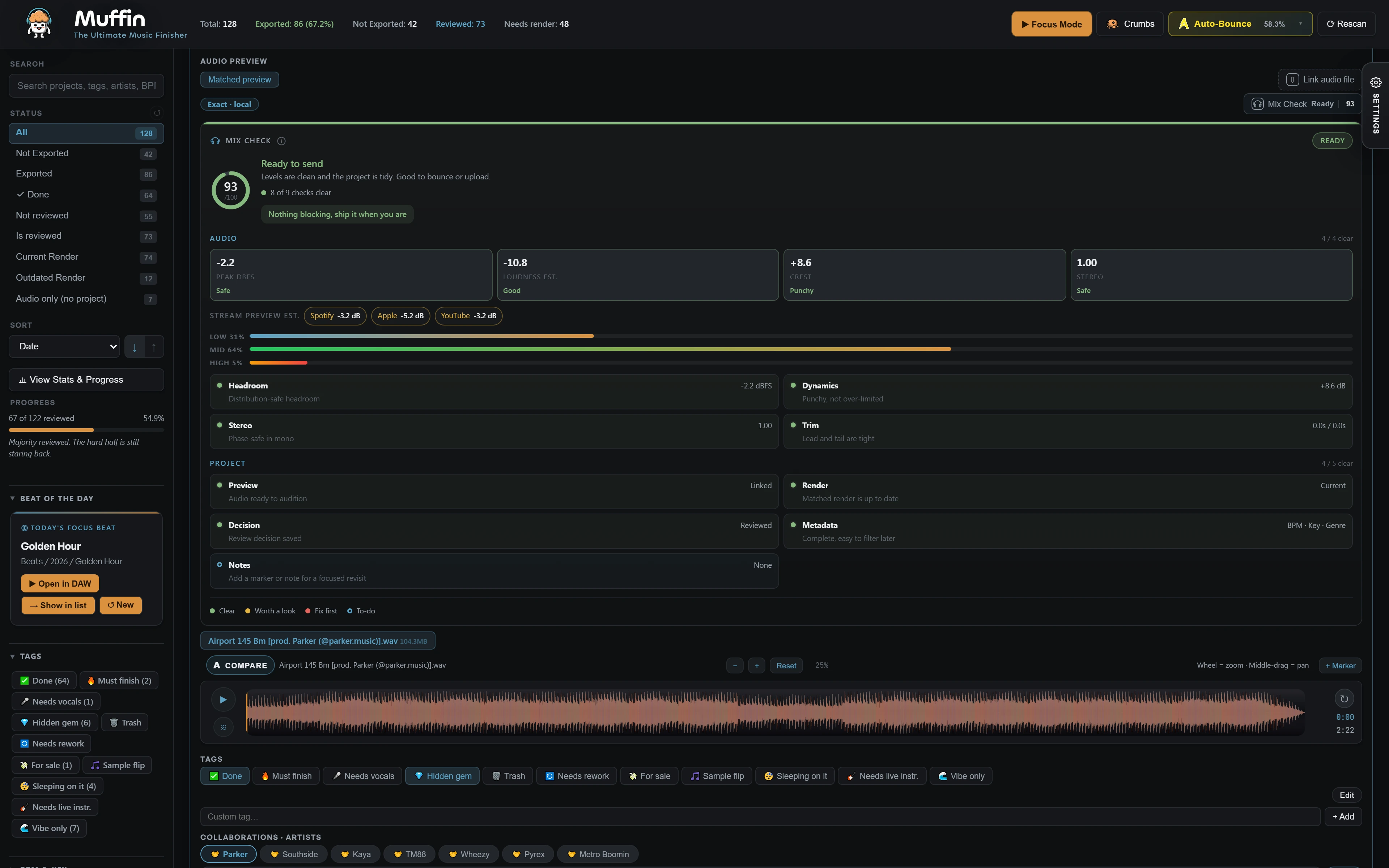 Muffin Mix Check: LUFS loudness, peak, dynamics and stereo analyzer with a release-readiness score